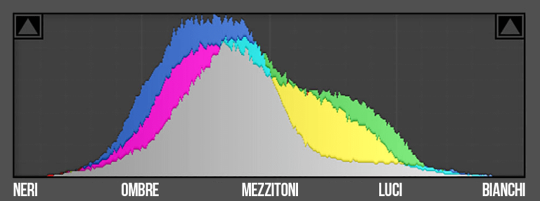 Istogramma fotografico con ombre mezzi toni e alte luci