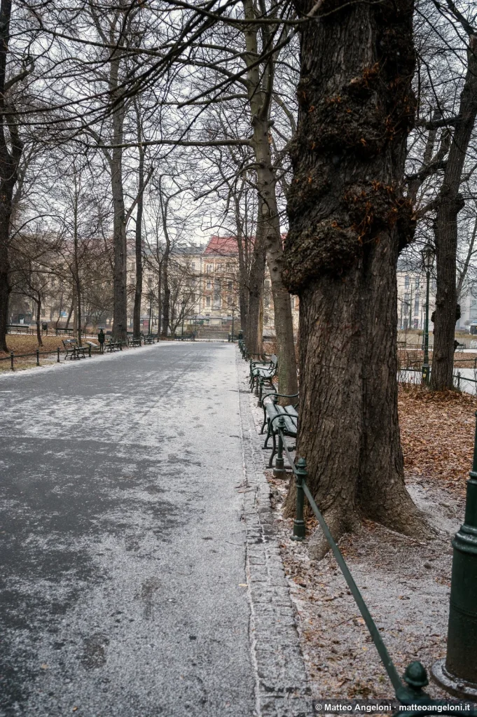 Viale del parco Planty innevato a Cracovia