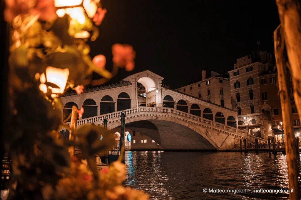 Ponte di Rialto incorniciato da fiori durante la notte