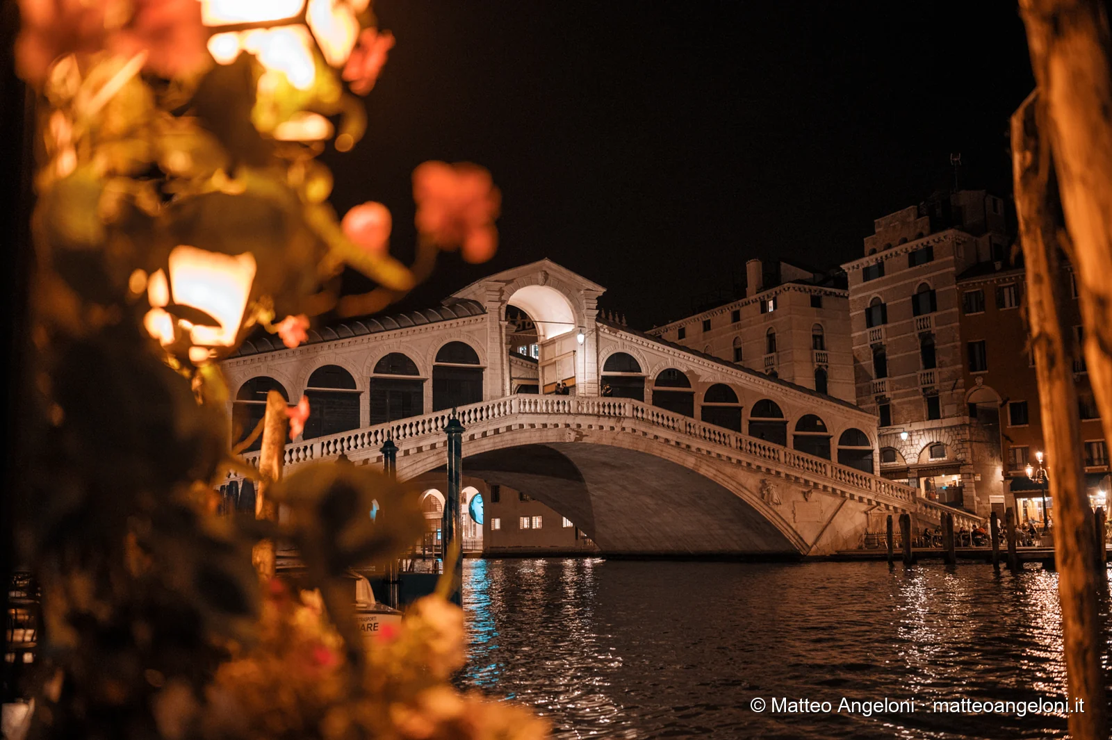 Ponte di Rialto e fiori illuminati nella notte di Venezia
